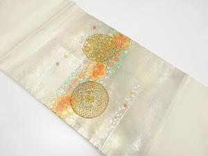 箔置き　華紋に花唐草模様　刺繍　名古屋帯